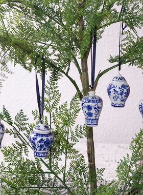 欧洲订单 陶瓷吊坠青花瓷将军罐茶壶风铃圣诞树挂件车载装饰摆件