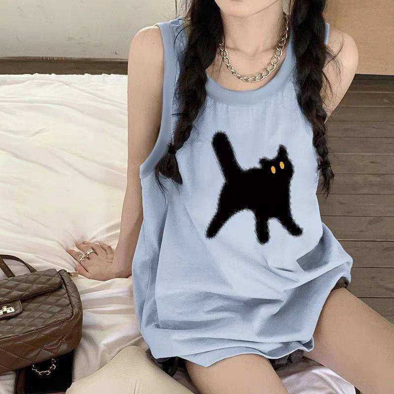 蓝色夏季欧货背心女内搭宽松外穿猫咪印花纯棉吊带大码无袖短t恤,淘宝优惠券,粉丝福利购,淘宝优惠卷