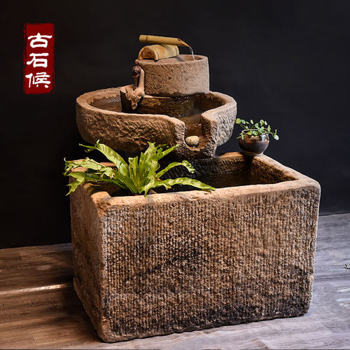 长嘴老石磨盘旧石器家用手工磨户外庭院石槽流水摆件组合阳台水景 - 图2