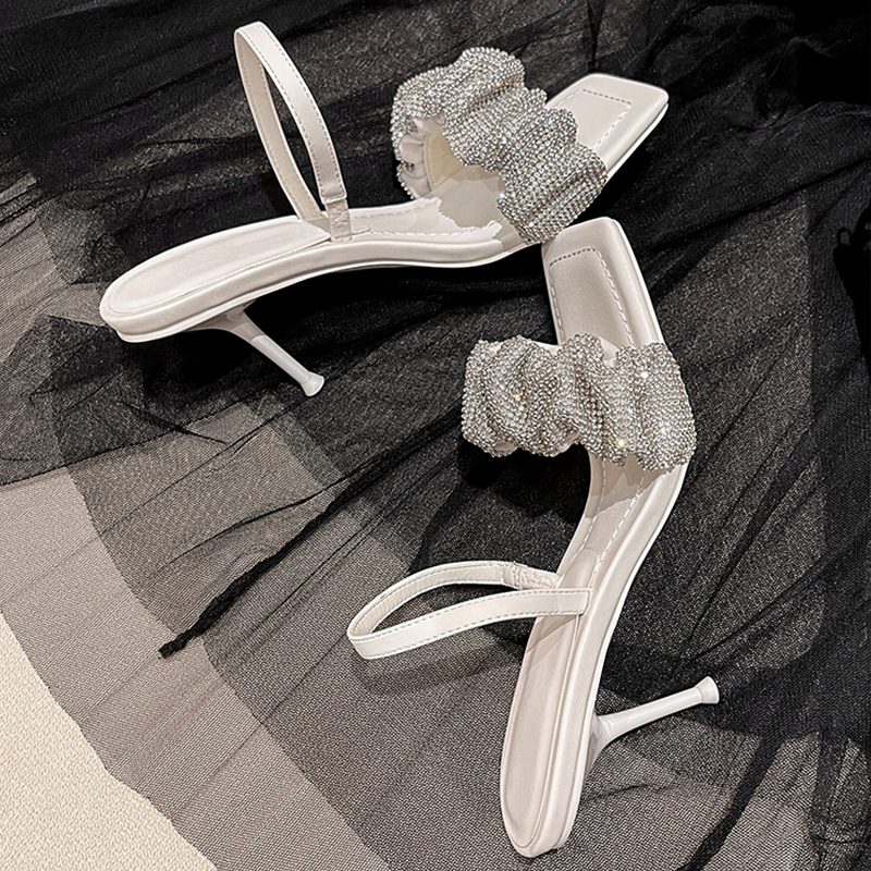 一字带凉鞋高跟鞋女罗马夏季细跟仙女风法式2023新款水钻黑色拖鞋,淘宝优惠券,粉丝福利购,淘宝优惠卷