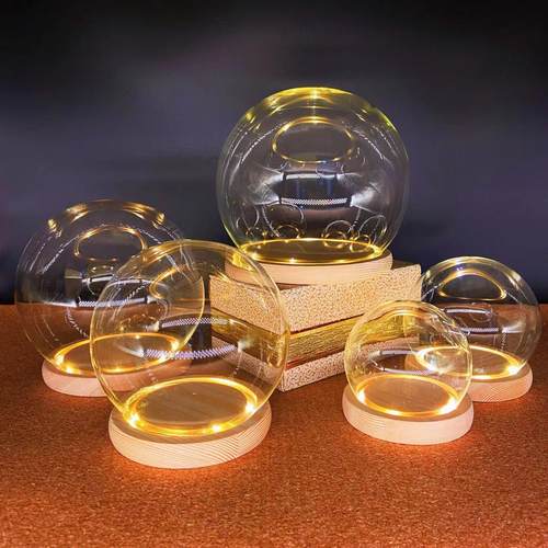 永生干花玻璃罩带灯圆形展示盒玻璃防尘罩盲盒透明手办发光防尘罩 - 图0