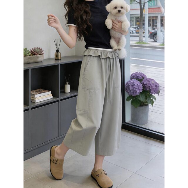 ສີຂາວນ້ອຍ Lotus Leaf Elastic High Waisted Wide Leg Scimitar Pants Women's Summer Style Eighty-nine Points High-Level Loose Straight Pants