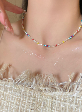 少女CEO彩色串珠碎银项链女轻奢小众设计ins时尚气质百搭锁骨链潮