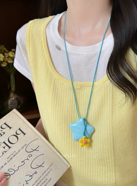 少女CEO彩色星星字母化妆镜项链女多巴胺甜美花朵卫衣链长款挂脖