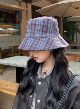 双面渔夫帽子女春夏新款格纹印花