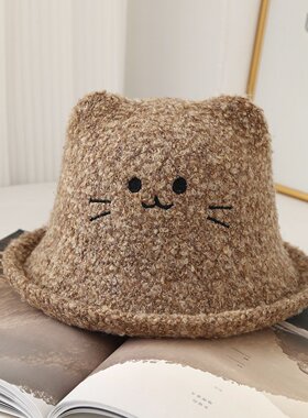 可爱猫咪耳朵蝴蝶结毛绒渔夫帽