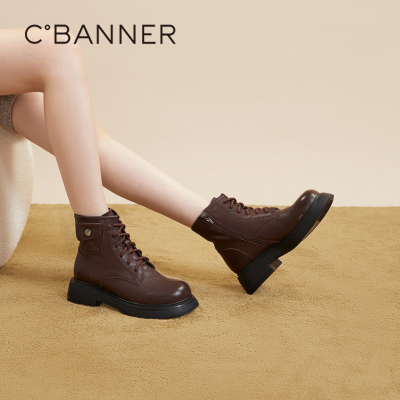 千百度厚底马丁靴百搭冬季气质短靴女鞋加绒保暖真皮增高粗跟时尚 - 图1