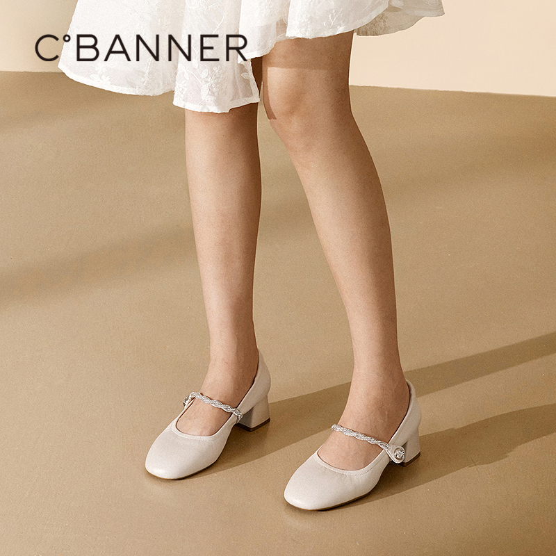 千百度法式粗跟玛丽珍鞋女款2025春秋新款真皮通勤正装高跟鞋单鞋 - 图0