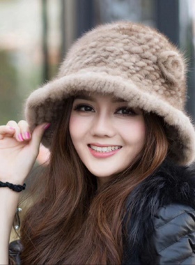 新款水貂帽子女士冬季保暖护耳水貂毛皮草编织渔夫帽盆帽女