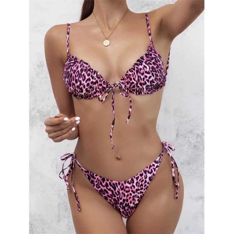 swimsuit two-piece sexy print leopard edge pleated bikini - 图2