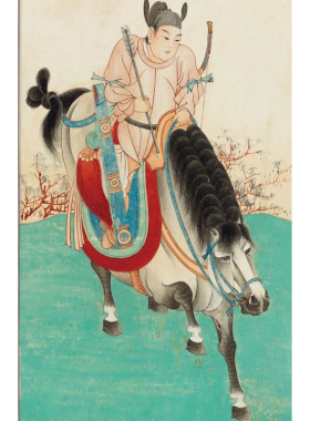 张大千唐人行猎图青绿山水高清国画彩色临摹画稿微喷绢布马仿古