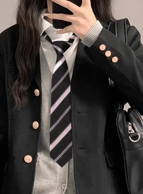 日系学院风懒人免打粉色条纹领带