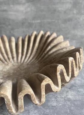 异形洞石托盘果盘天然大理石雕刻手工简约样板间会所定制