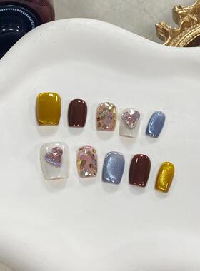 复古渐变亮片纯手工穿戴甲短椭圆
