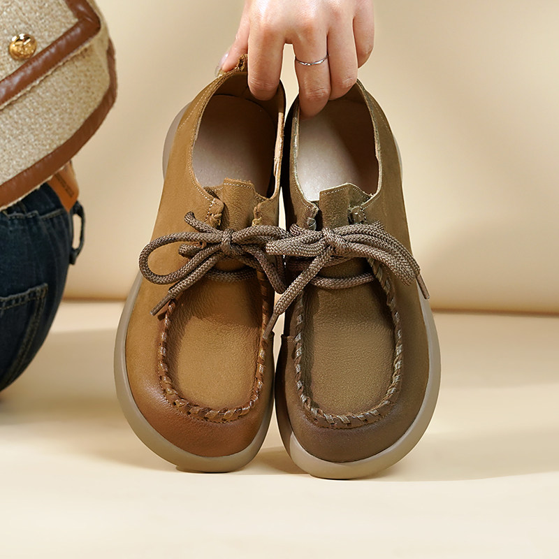 复古小皮鞋女2025春秋季真皮系带单鞋软底牛皮豆豆女鞋休闲平底鞋,淘宝优惠券,粉丝福利购,淘宝优惠卷
