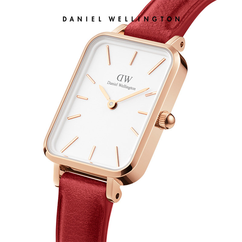 dw简约红色皮质石英女表女小方表 DanielWellington海外欧美腕表