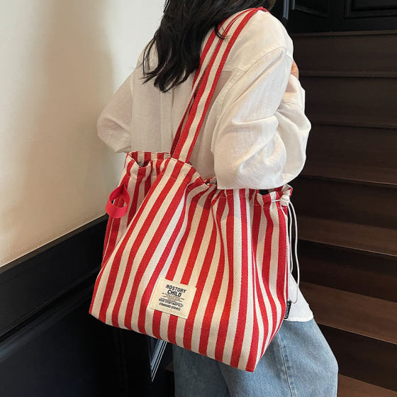 Striped canvas tote bag large capacity shoulder commuter bag