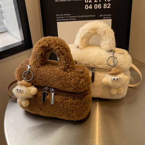 冬天羊羔毛绒绒包包女士2025新款时尚手提小方包百搭高级感斜挎包 - 图0