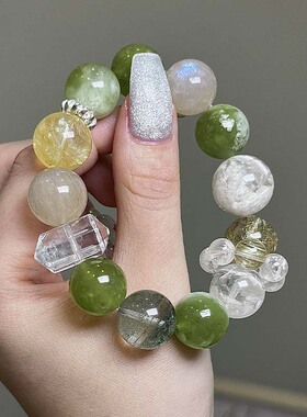 【青枝玉露】天然水晶岫玉绿幽灵金发晶雪花幽灵手串招财好运手链