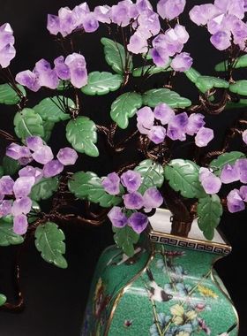 纯天然原矿紫水晶迎客松招财树紫气东来家居摆件天然水晶发财树