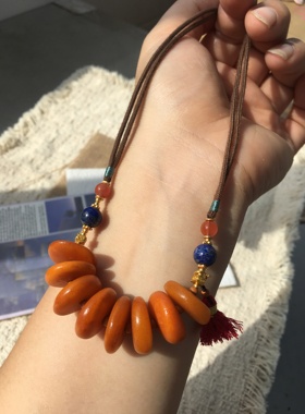 天然蜜蜡鸡油黄圆珠项链锁骨链圆珠白花蜜男女款项链文玩挂坠饰品