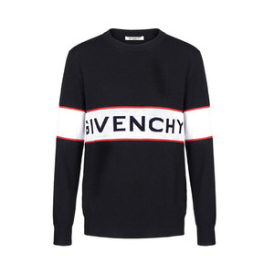 Givenchy/纪梵希黑色羊毛圆领logo图案撞色男装长袖针织衫毛衣