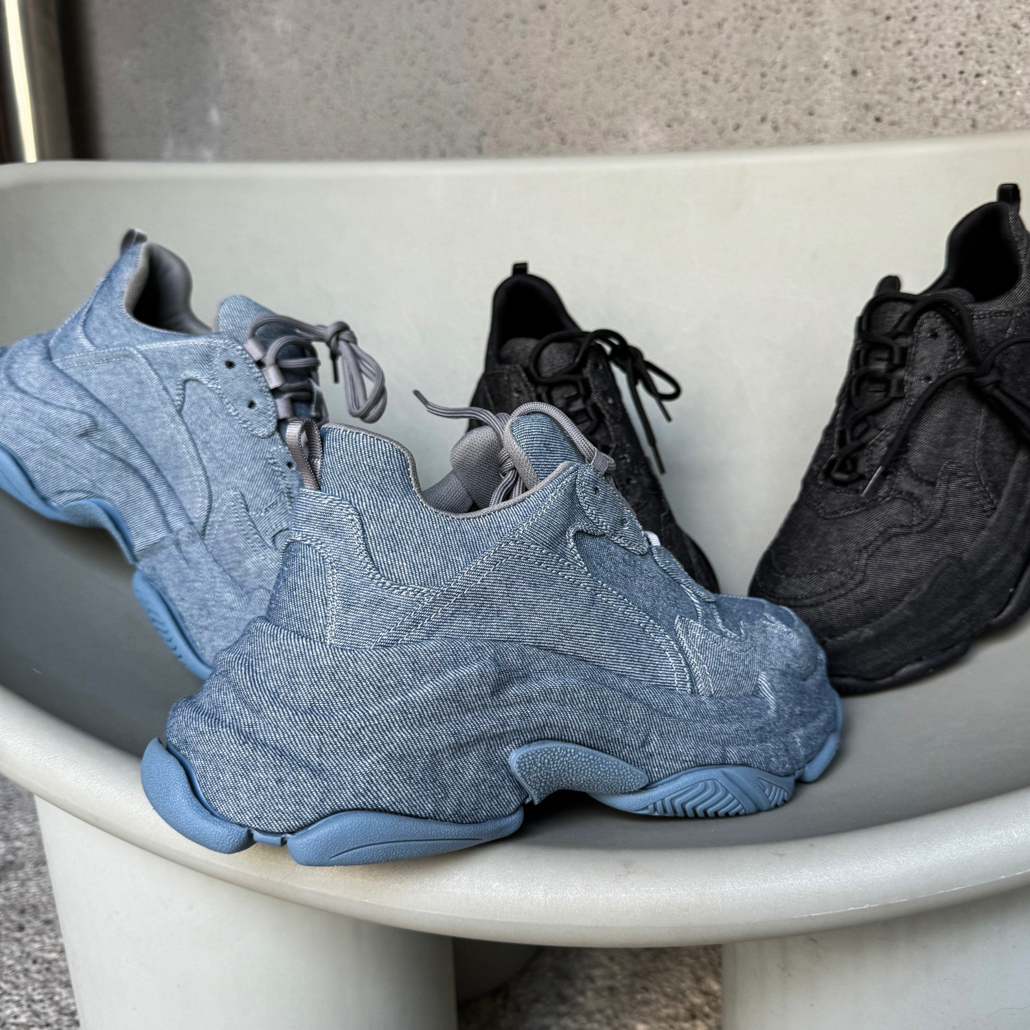 【帽子先森】淡蓝复古老爹鞋男牛仔布运动鞋厚底增高松糕鞋低帮鞋 - 图1