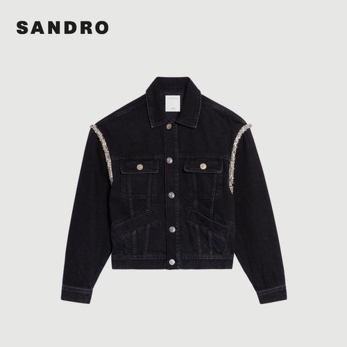 SANDRO秋冬女装法式甜酷宽松OVERSIZE棉质黑色仿钻落肩牛仔外套 - 图3