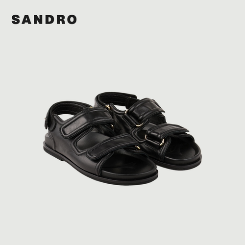 SANDRO夏季女士法式时尚气质简约羊皮革黑色经典简约前后搭扣凉鞋 - 图3