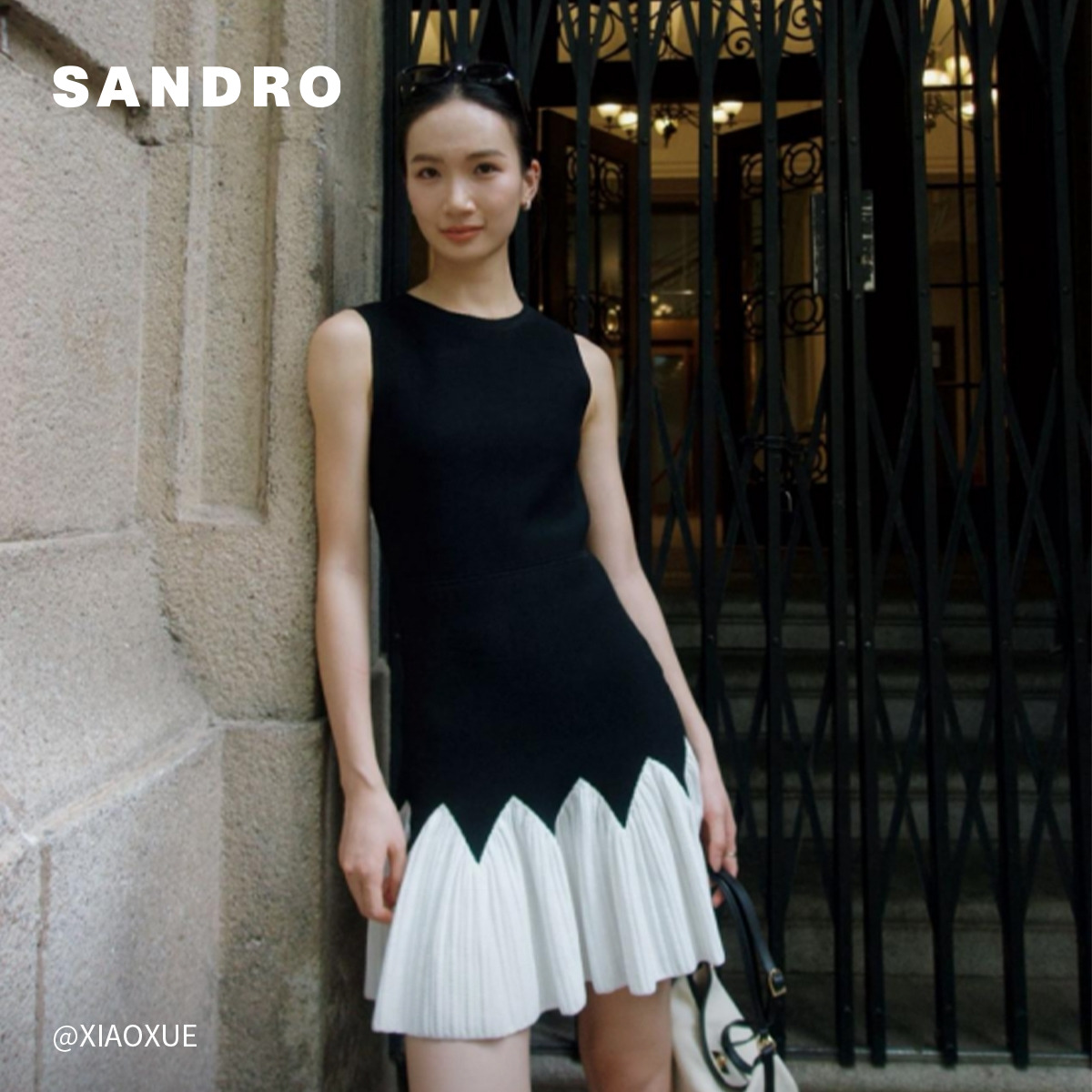 SANDRO博主同款2025秋冬新款女装法式黑白撞色荷叶边针织连衣裙 - 图0