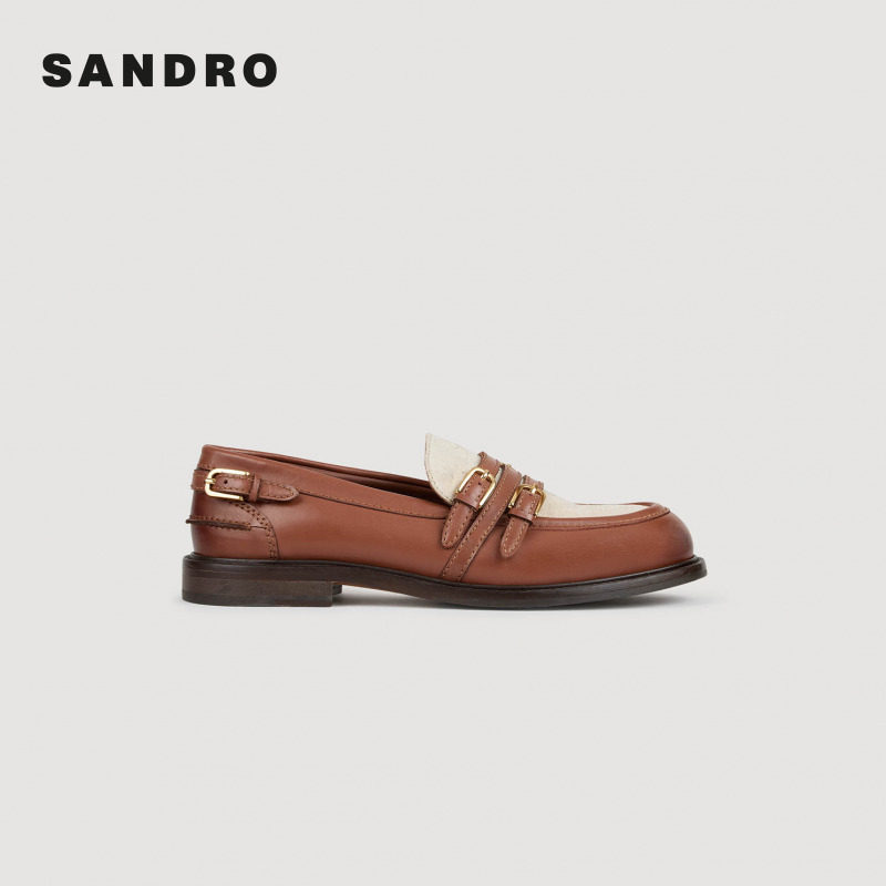 季末7折SANDRO2025秋冬新款女士英伦风时尚米色帆布双扣乐福鞋,淘宝优惠券,粉丝福利购,淘宝优惠卷