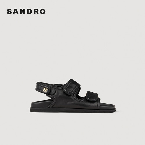 SANDRO夏季女士法式时尚气质简约羊皮革黑色经典简约前后搭扣凉鞋 - 图0