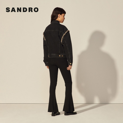 SANDRO秋冬女装法式甜酷宽松OVERSIZE棉质黑色仿钻落肩牛仔外套 - 图0