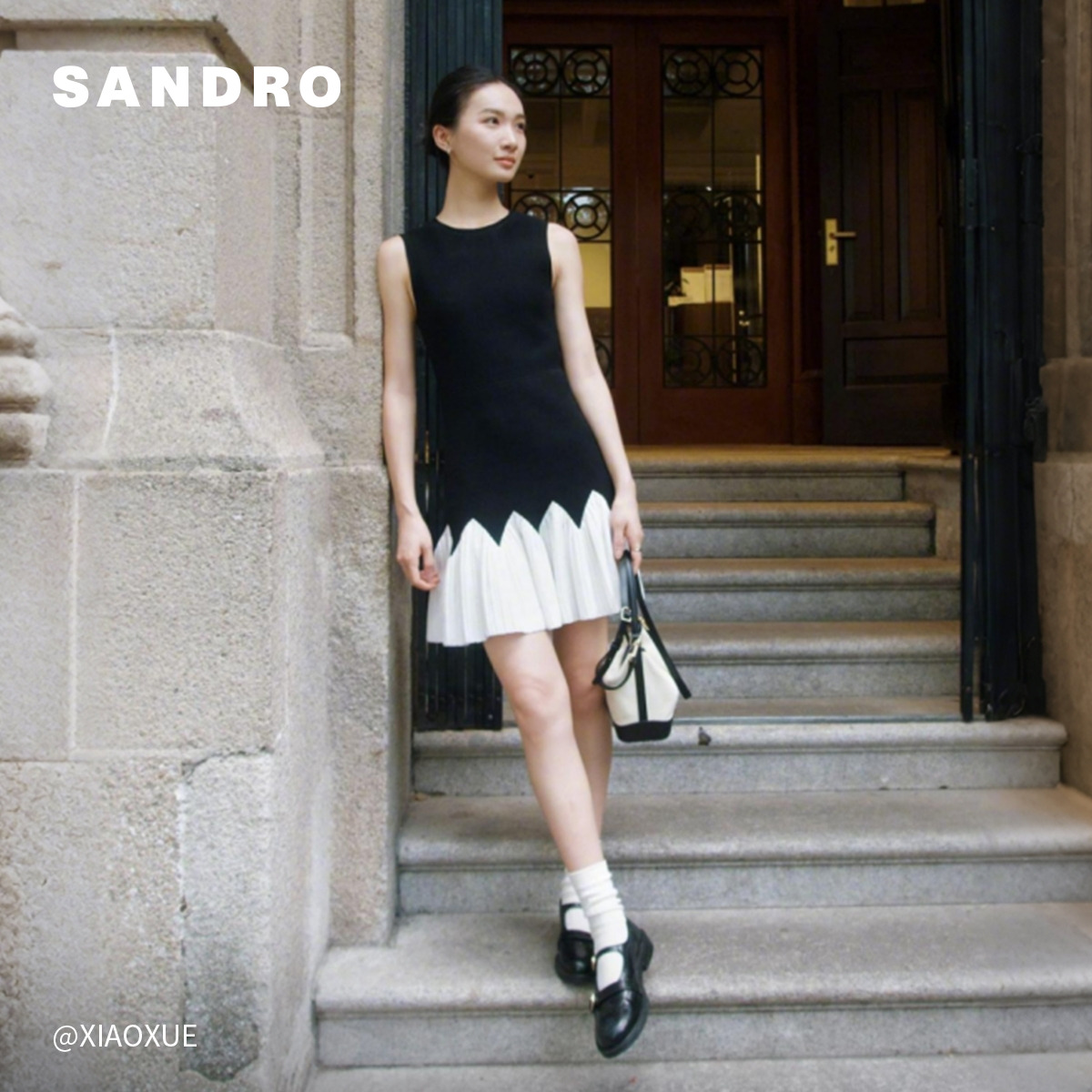 SANDRO博主同款2025秋冬新款女装法式黑白撞色荷叶边针织连衣裙 - 图1