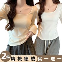 Soft glutinous delsuede square leader Long sleeves T-shirt woman 2023 autumn winter new small crowddesign feel cashew short and undershirt woman