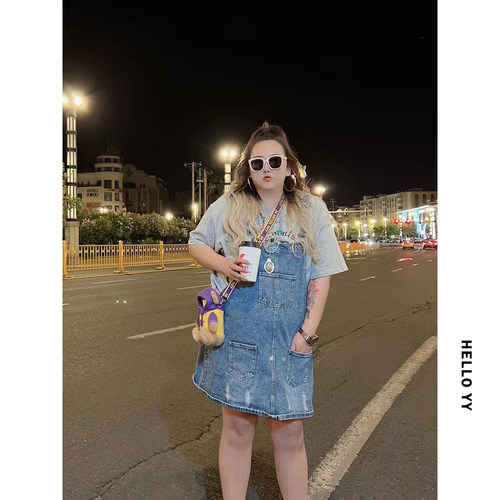 HELLOYY特大码女装夏装胖mm背带裙减龄显瘦牛仔裙220斤遮肉裙子夏 - 图3