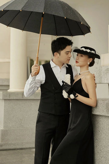 黑色晚礼服手套新娘蝴蝶结婚纱网红旅拍照道具写真法式复古赫本风