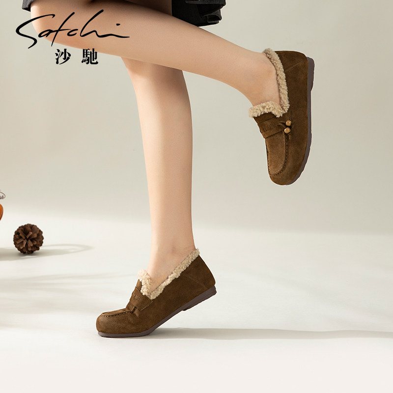沙驰女鞋冬季保暖加绒毛毛鞋2025年新款平底软底绒面豆豆鞋棉鞋子,淘宝优惠券,粉丝福利购,淘宝优惠卷