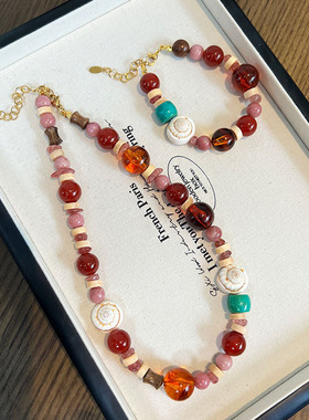 许我耀眼许妍赵露思同款红玛瑙混石项链天然石锁骨链叠戴项链串珠