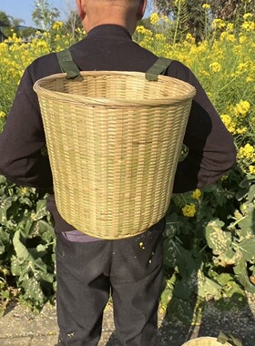 竹编圆形扁形背篓双肩买菜背篓竹筐茶叶精编竹筐儿童成人舞蹈道具