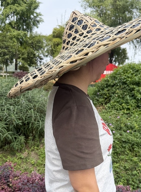 手工农用大号斗笠帽防雨防晒竹编遮阳帽草帽装饰男女农民大檐帽子