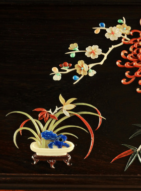 老挝大红酸枝百宝嵌四季平安插屏