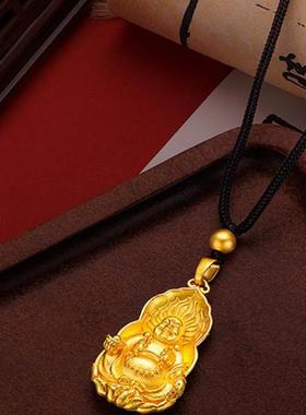 越南沙金吊牌  镀24K黄金荷花元宝弥勒佛吊坠本命佛黑色挂绳项链