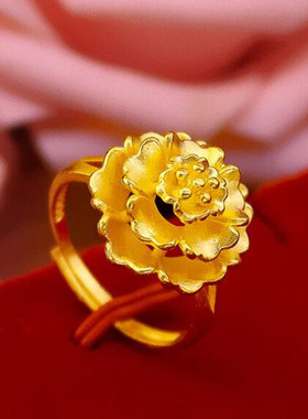 越南沙金女士复古大花朵活口戒指