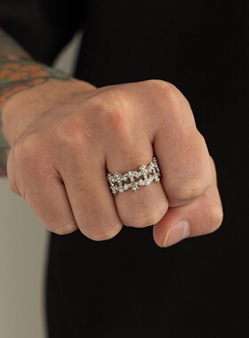 双层满钻十字架戒指男生高级感百搭小众设计潮流食指戒男士单身戒