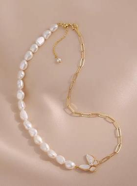 巴洛克异形珍珠蝴蝶项链女钛钢拼接个性新潮设计感时尚锁骨链