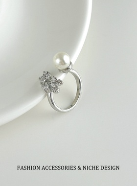 法式轻奢锆石树叶珍珠戒指感精致独特小众设计时尚百搭活口戒