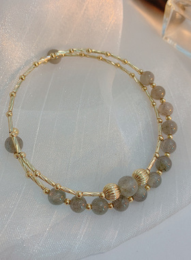 双层灰色月光石手镯韩版时尚气质多层手链自然石水晶闺蜜礼物手饰