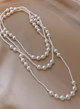 玻璃珍珠加长款125厘米多层珍珠毛衣项链一款多带可缠绕珍珠项链