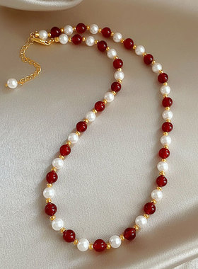 玻璃珍珠新中式红玛瑙隔珠项链女复古气质网红安可拉红色锁骨链